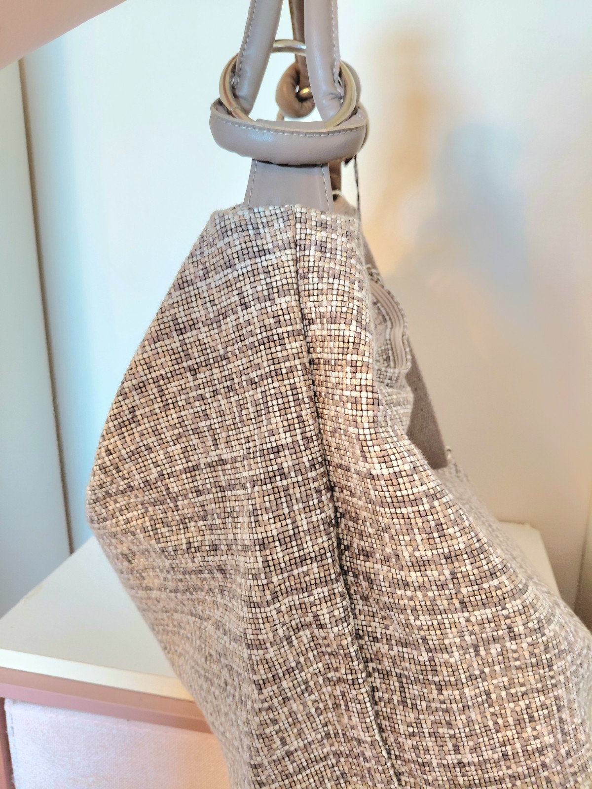 Teresa Cambi Firenze Beige Cream Slouchy Artisan Hobo Bag w Leather Italian NWT