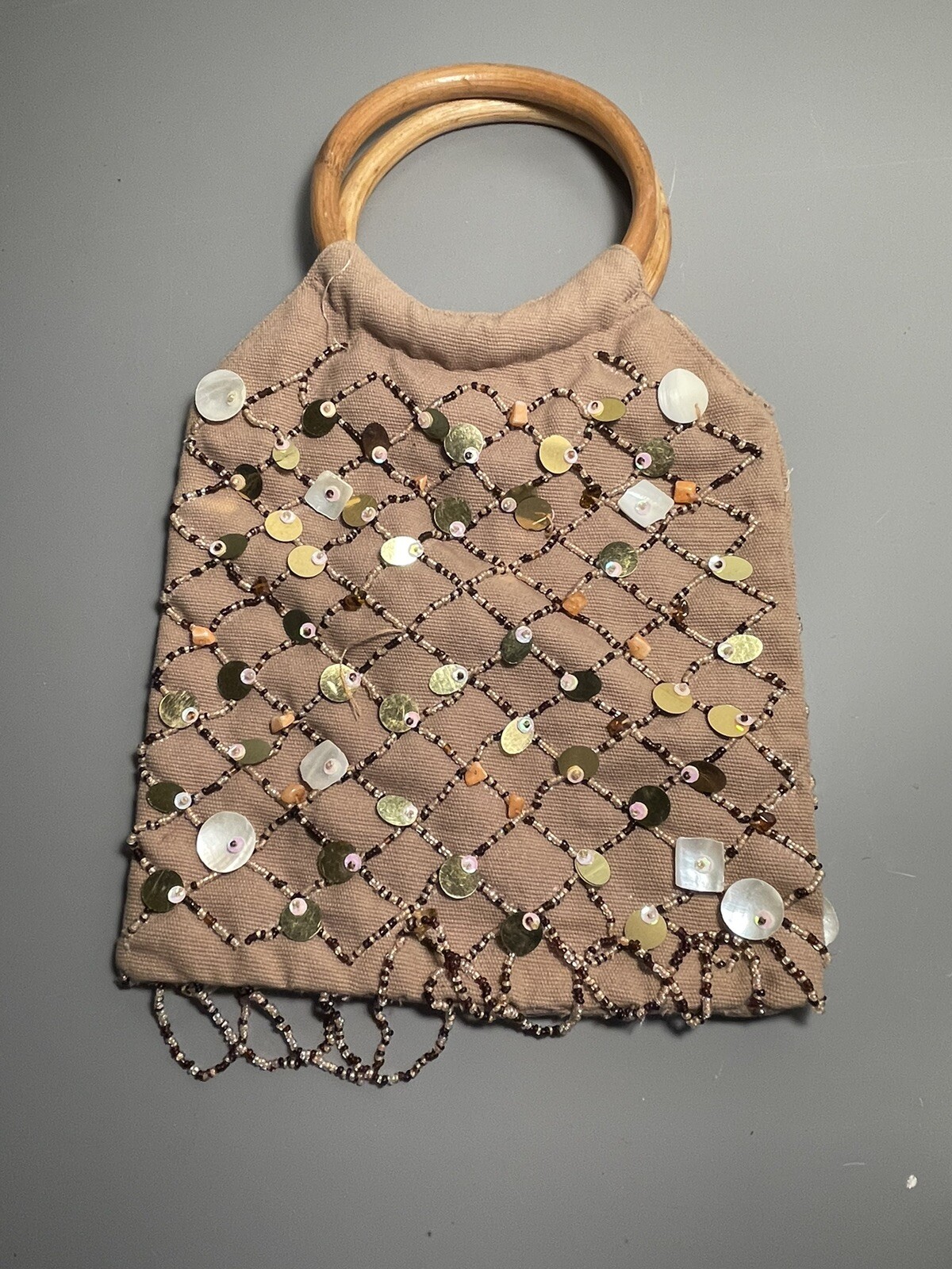 Shell Beaded Purse Handbag 8x 9” Sequins Wooden Handles