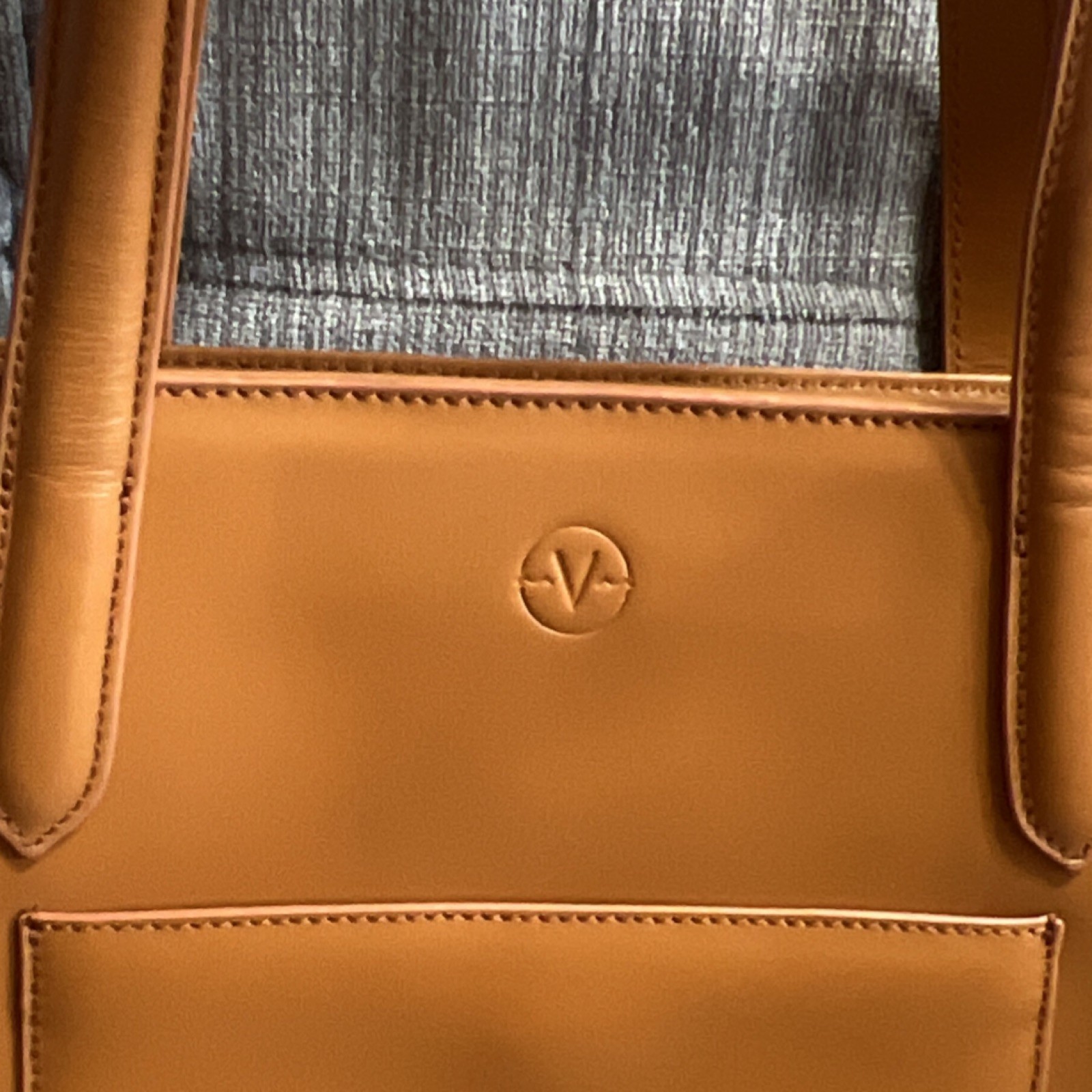 V Caramel Tote Bag V Logo Double Handles Stitching Accent Matte Silver Hardware