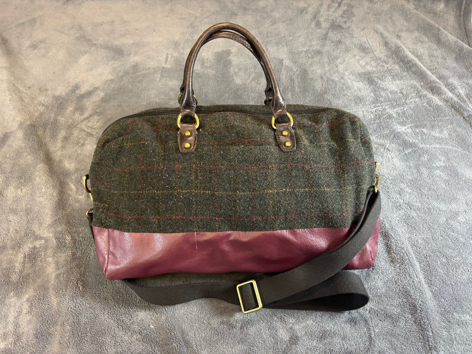 Vintage Fossil Tweed Wool Handbag Burgundy Leather Weekender Travel