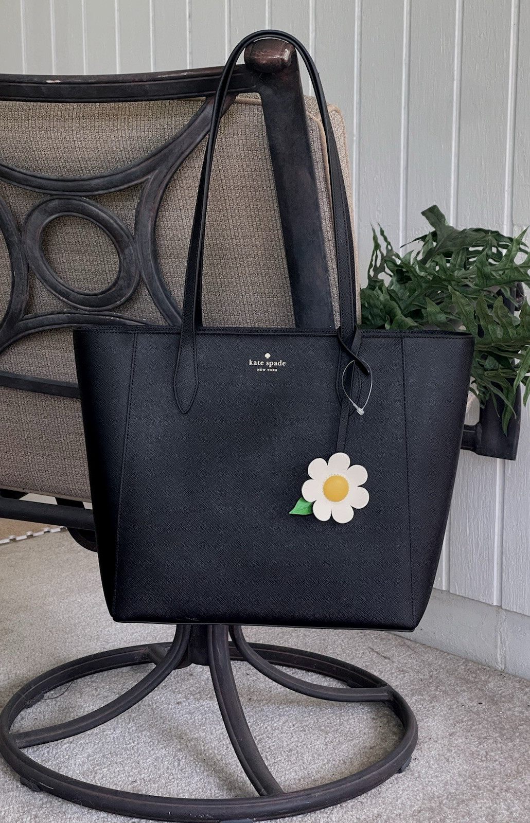 KATE SPADE DANA SHOULDER TOTE ZIP BAG PURSE CARRYALL BLACK DAISY FLOWER GOLD