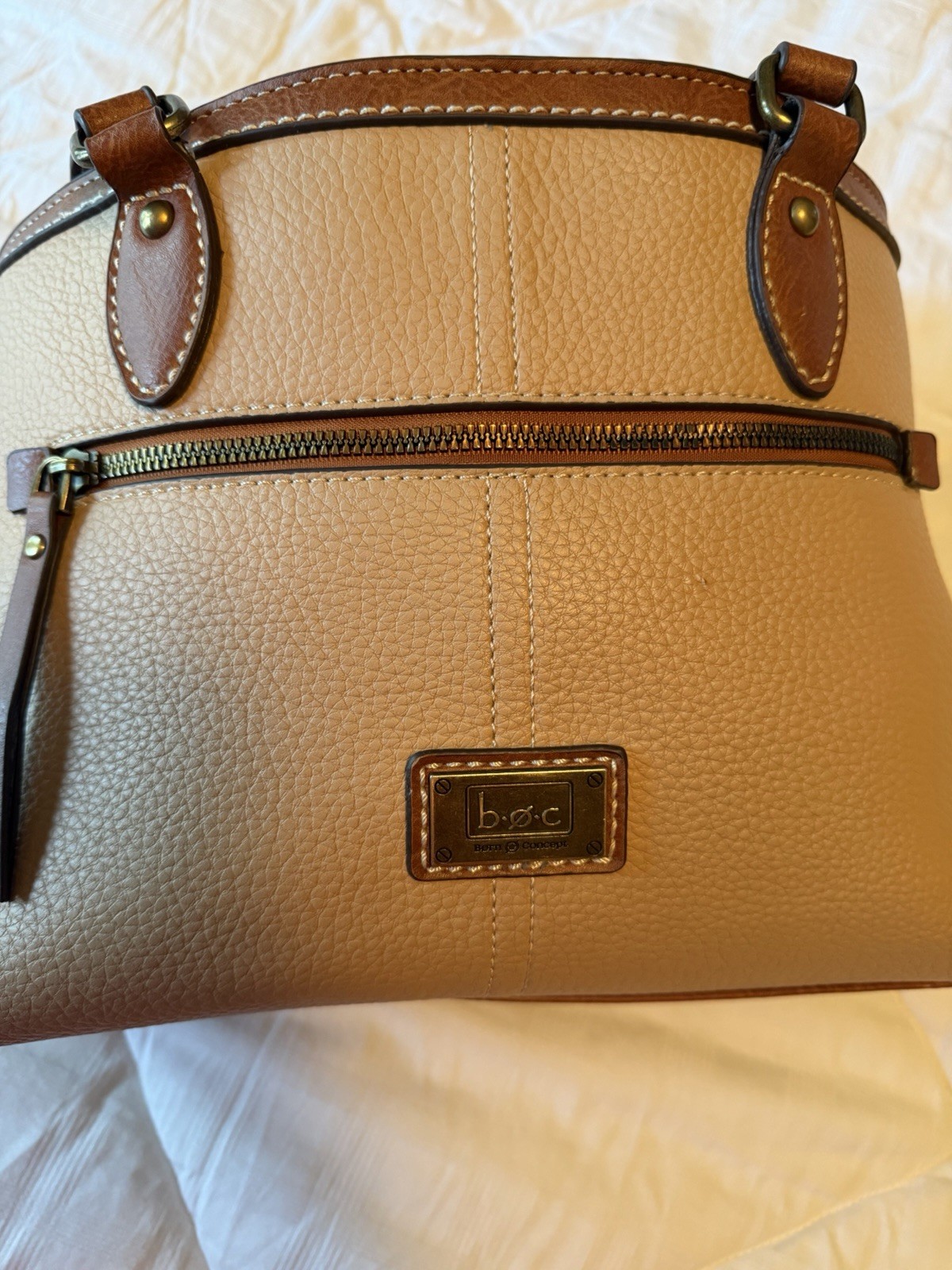 b.o.c Born Concept Handbag Beige Pebble Texture Vegan Leather Brass Hardware