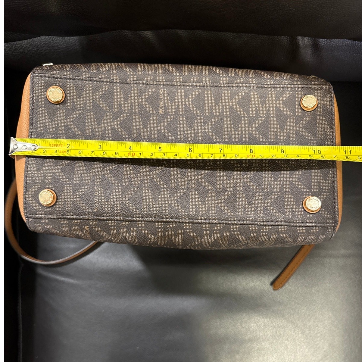Michael Kors Sandrine Studded Small Satchel Crossbody Bag Brown MK Signature