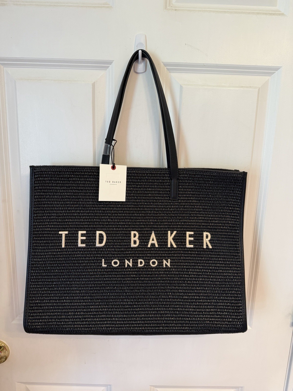 Ted Baker Black Raffia Icon Large Tote w/ Leather Base & Trim NWT
