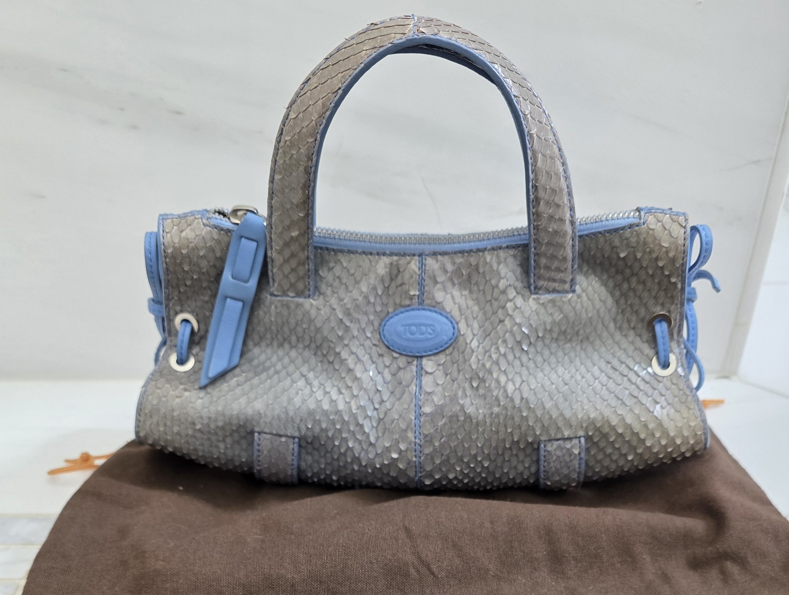 Vintage Tods Mini Blue Python Snakeskin Leather Trim Candy Bag Made In Italy