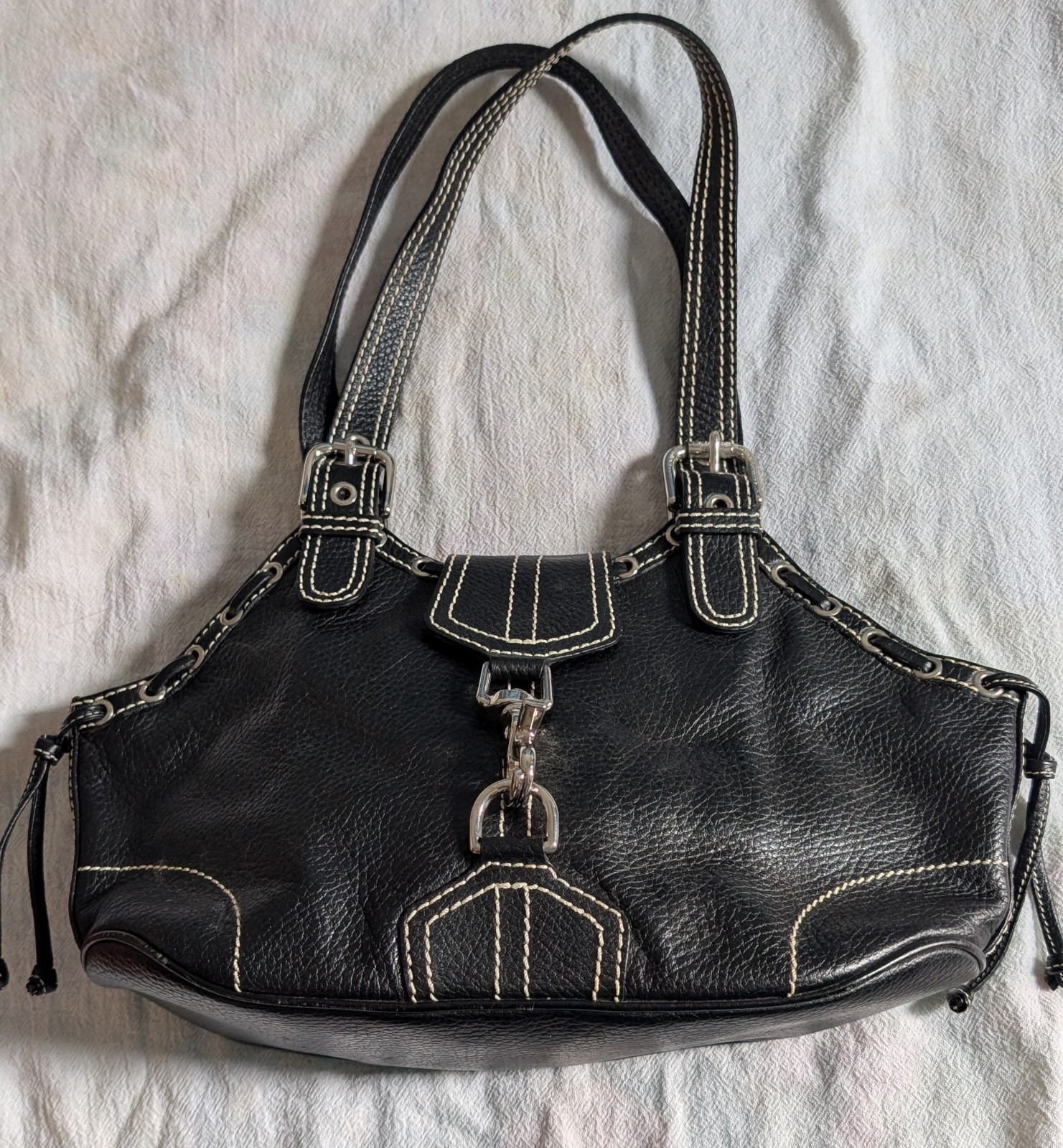 Isabella Fiore Vintage Black Leather Hobo Bag Lobster Claw Closure Y2K Excellent