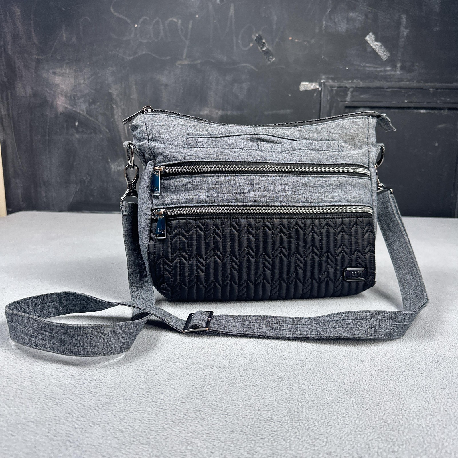 Lug Slider Crossbody Bag Purse Gray Black Quilted Multi-Pocket Adjustable Strap