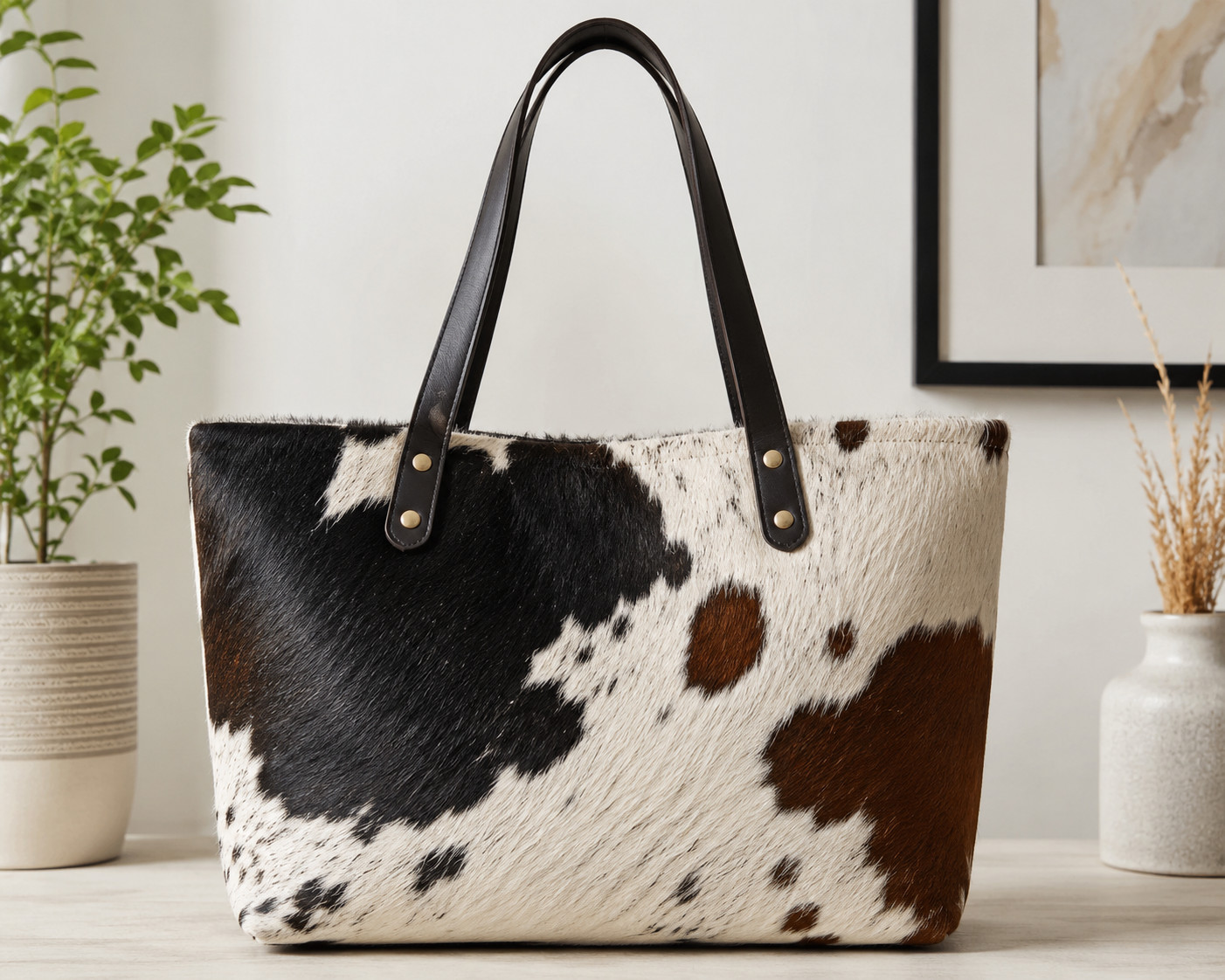 Genuine Cowhide Leather Tote Bag Handmade Hair On Hide Shoulder Handbag Tricolor
