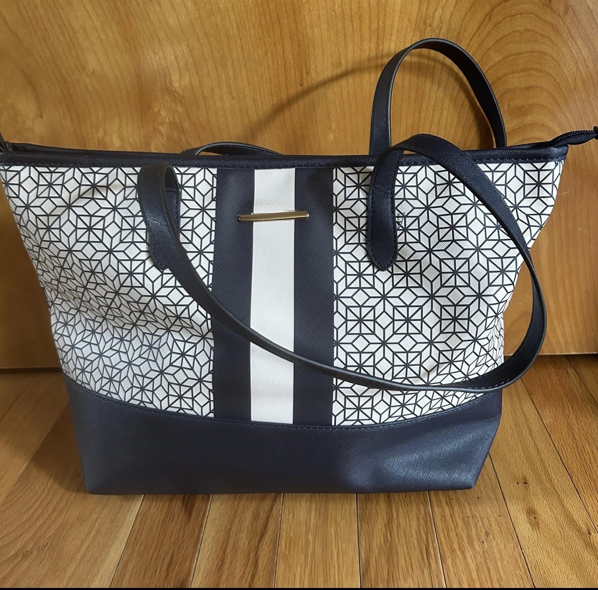 OSFM Tote beach bag blue & cream Geometric Pattern, purse Bag 17x10x5.5