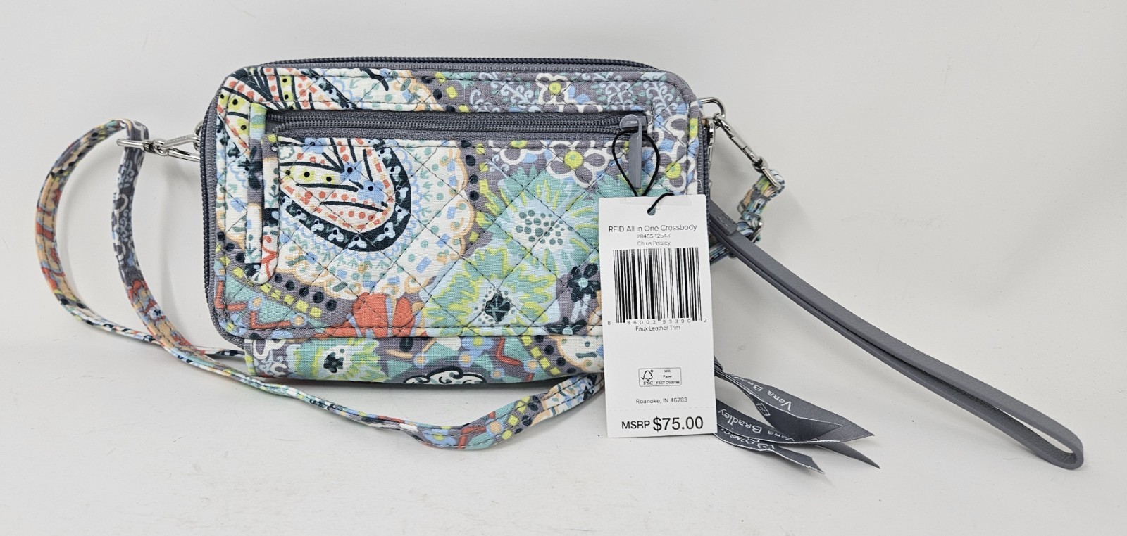 Vera Bradley All-In-One Crossbody Bag / Wallet, Citrus Paisley, 5″x8″, NWT!