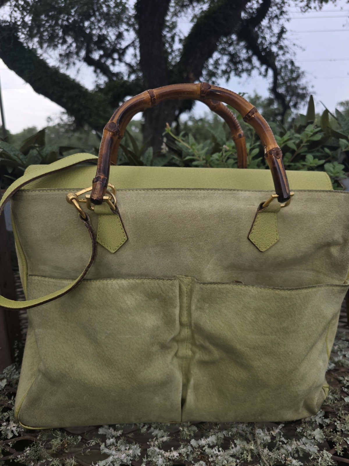 Gucci 20th Century Suede Bamboo 2 Way Satchel, featuring iconic bamboo handles