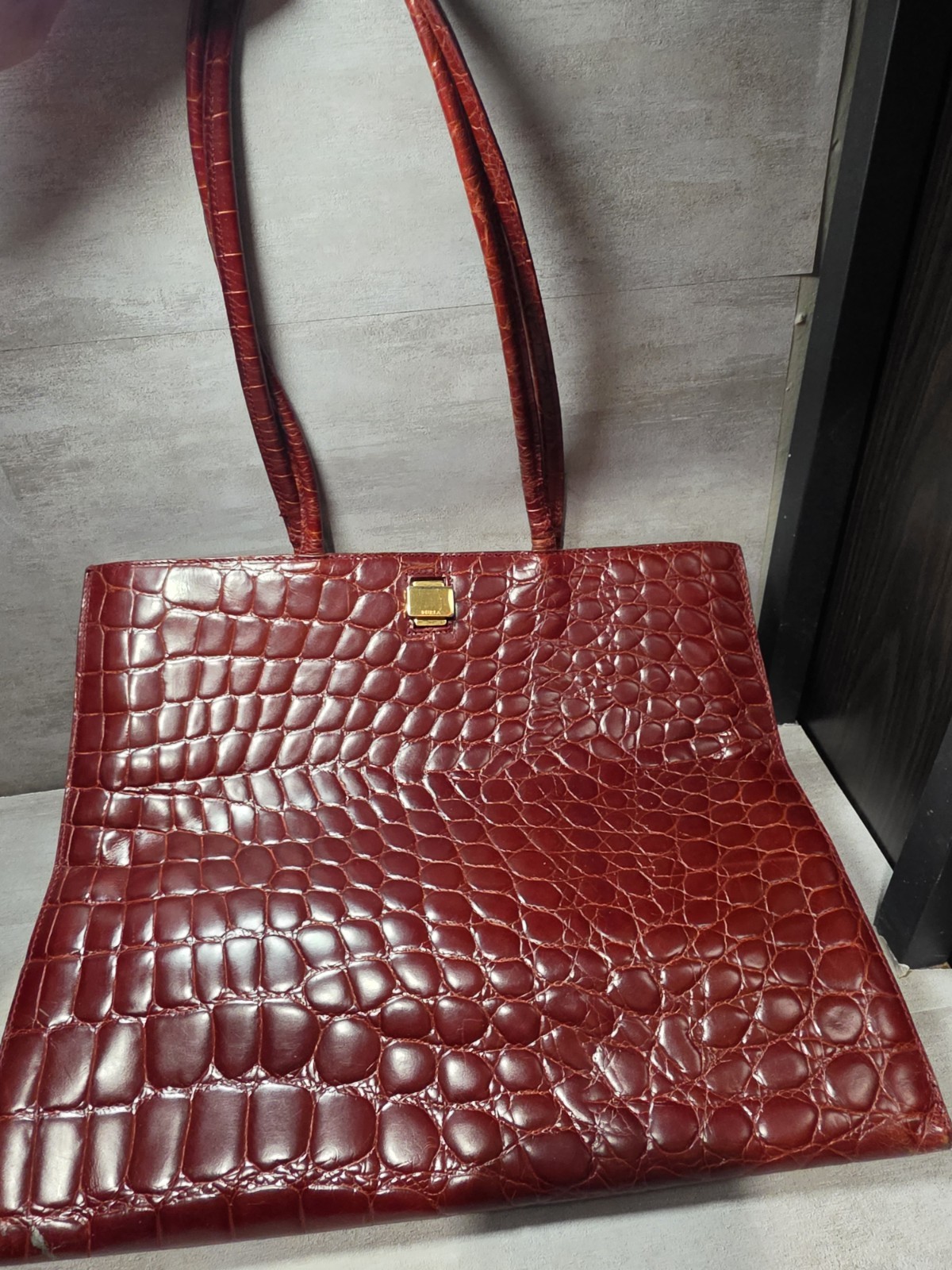 Furla Crocodile Embossed Leather Double Handle Bag Tote Purse Burgundy Color