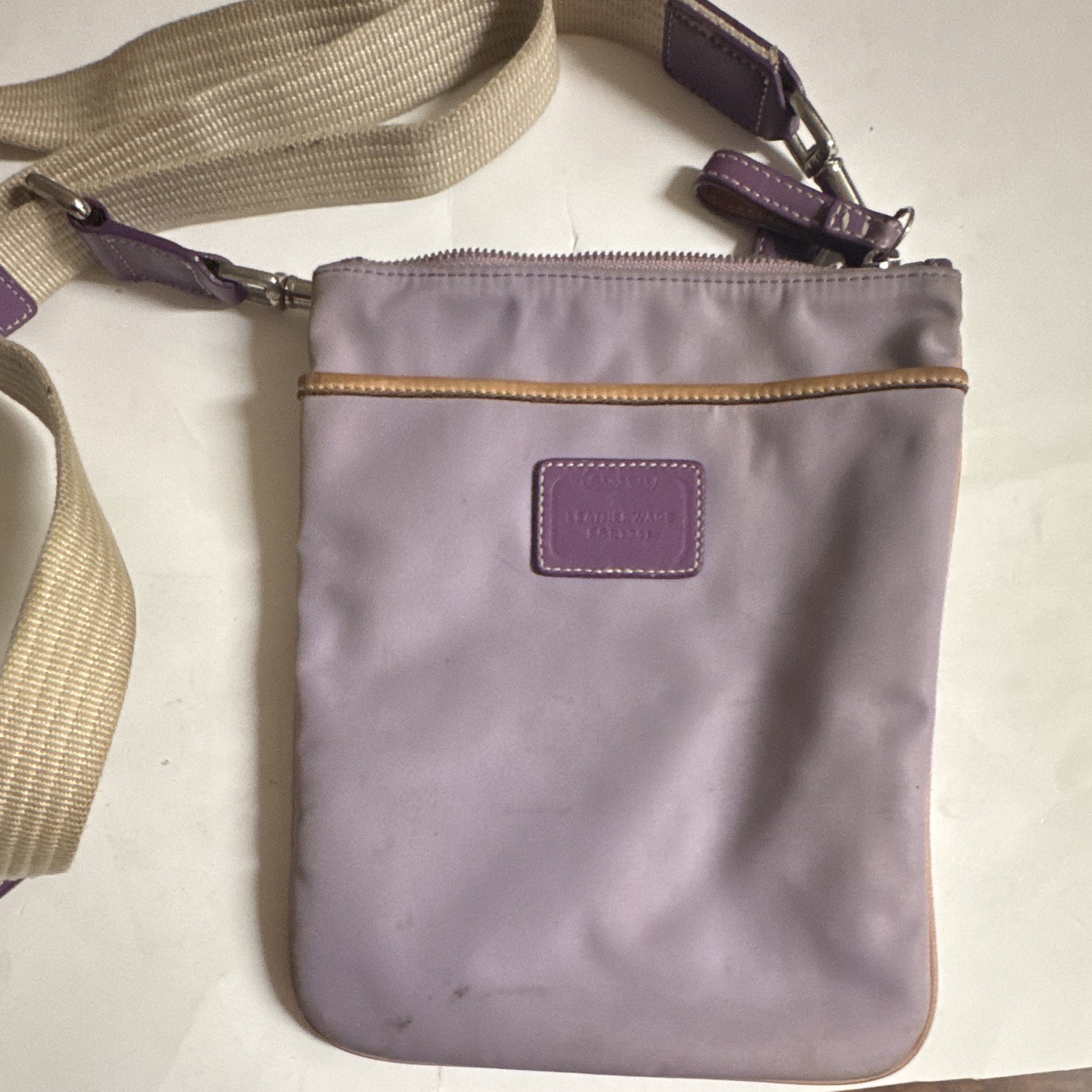 Coach Purple Logo Crossbody Bag Zip Closure Adjustable Detachable Strap Silver