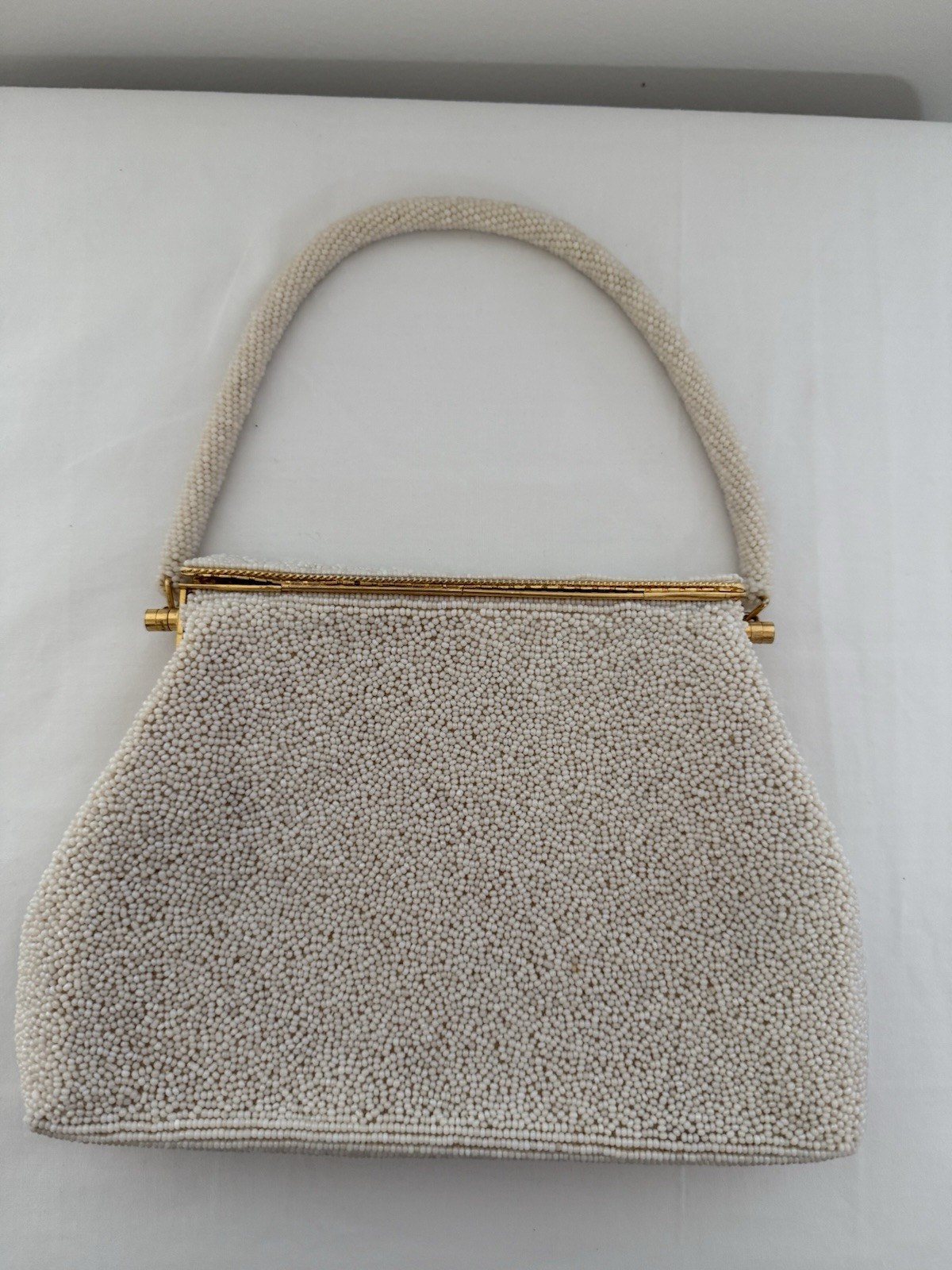 Ivory Beaded Embroidered Floral Top Handle Evening Bag Gold Frame Clasp Lined