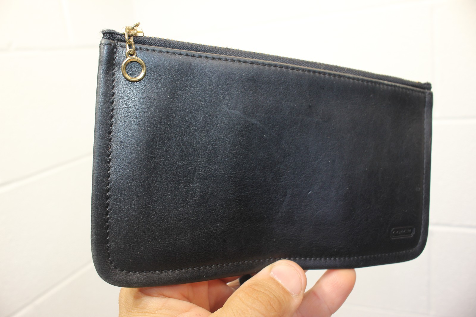 Vintage Coach Black Leather Coin Money Purse Wallet Brass Zipper No hang tag 7×4