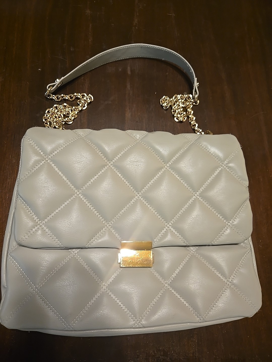H&M Purse Light Taupe Gray Quilted Padded Shoulder Bag Crossbody Chain handle