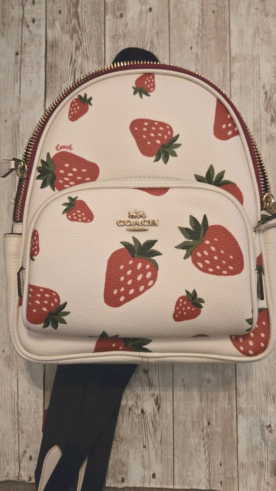 Coach Strawberry Print Mini Backpack White/Red/Green Gold Hardware Zip Small