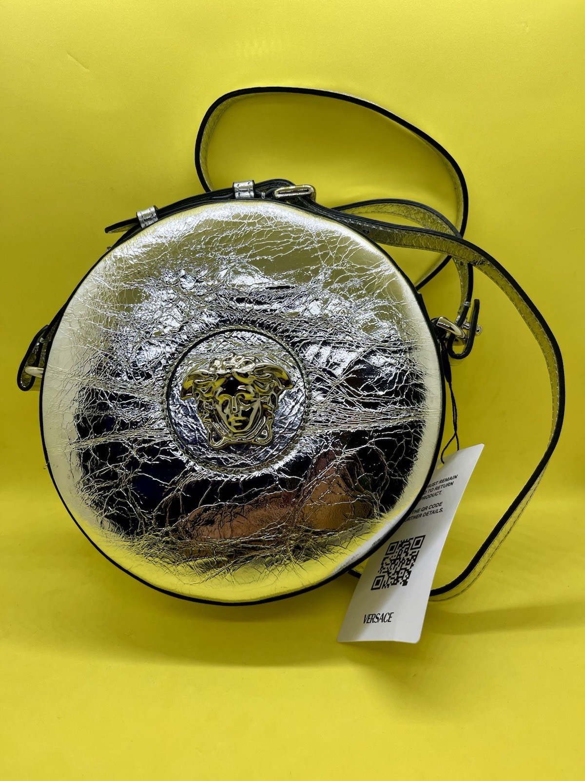 VERSACE La Medusa Leather Round Disco Camera Crossbody Bag Small Metallic Silver