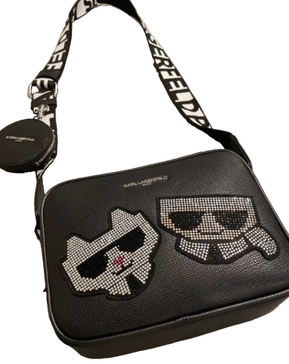 KARL LAGERFELD PARIS Black Logo Small Crossbody w/ Choupette Coin Pouch