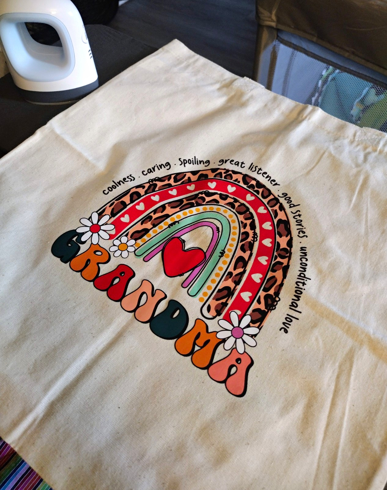 Custom Beige Tote Bag Printed “Grandma” Rainbow Heart Graphic Print Casual Women