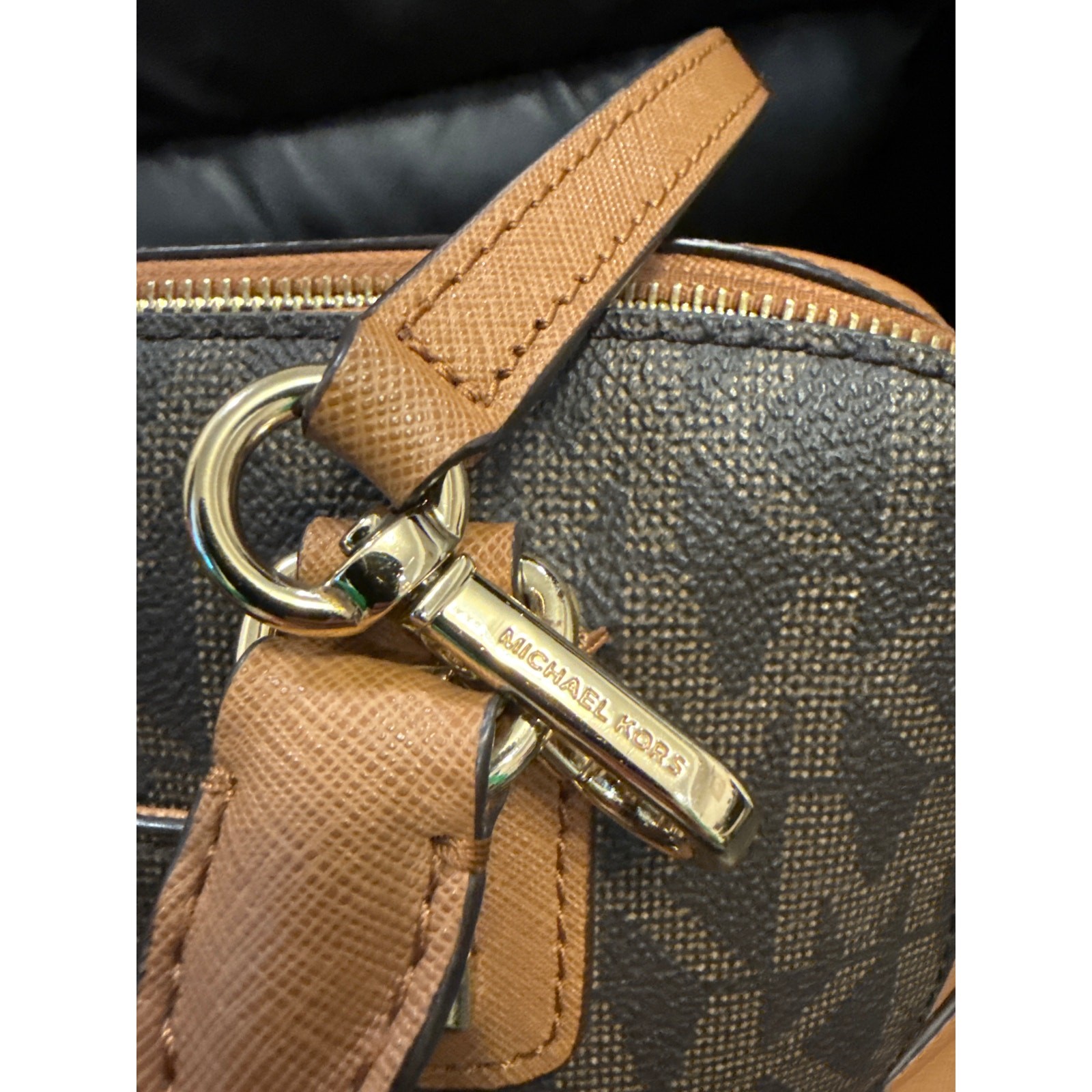 Michael Kors Sandrine Studded Small Satchel Crossbody Bag Brown MK Signature