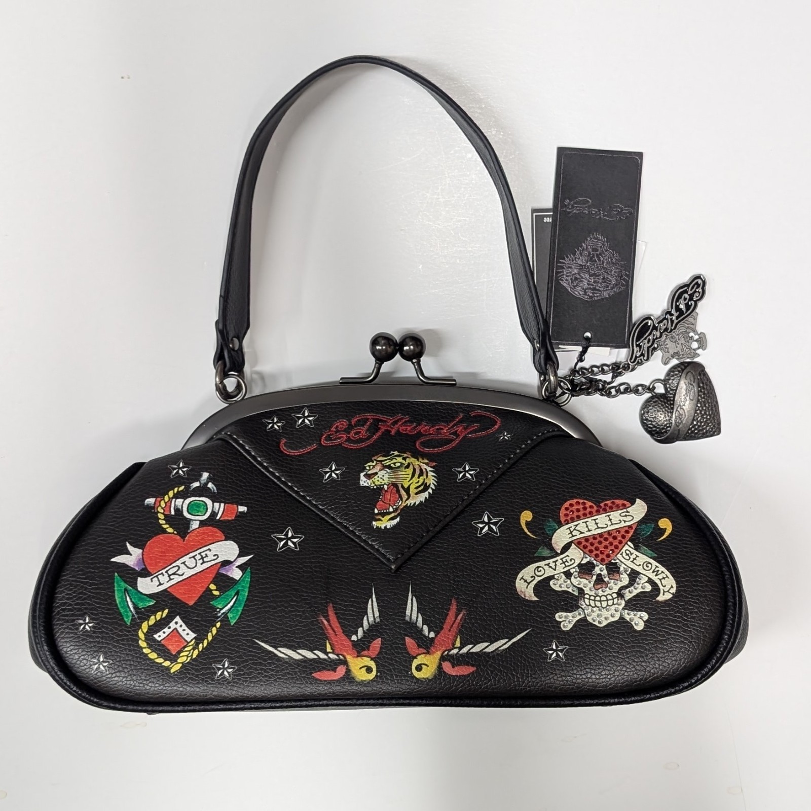 Ed Hardy Black Handbag with Tattoo-style Graphics Including A Tiger Heart NWT