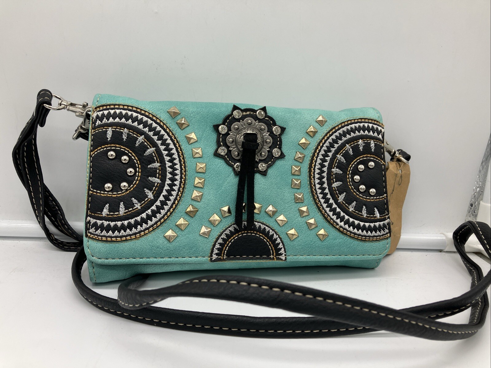 NWT-Aztec Bling Concho Fringe Vegan Leather Wallet Combo Turquoise Blue MSRP $45