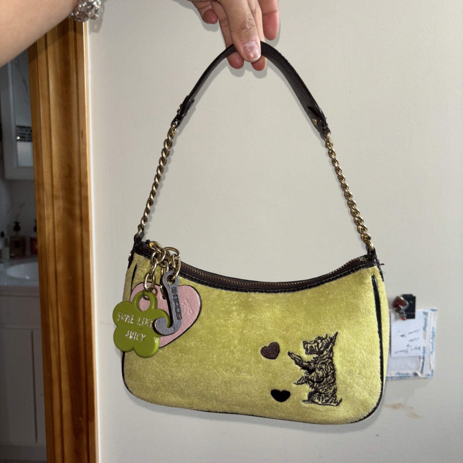 Vtg Juicy Couture Y2K Green Terry Scottie Dog Hearts Shoulder Bag Purse Charms