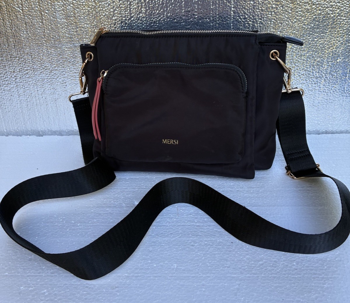 MERSI Erin Crossbody Bag in black nylon 9inches Width Gothic Style