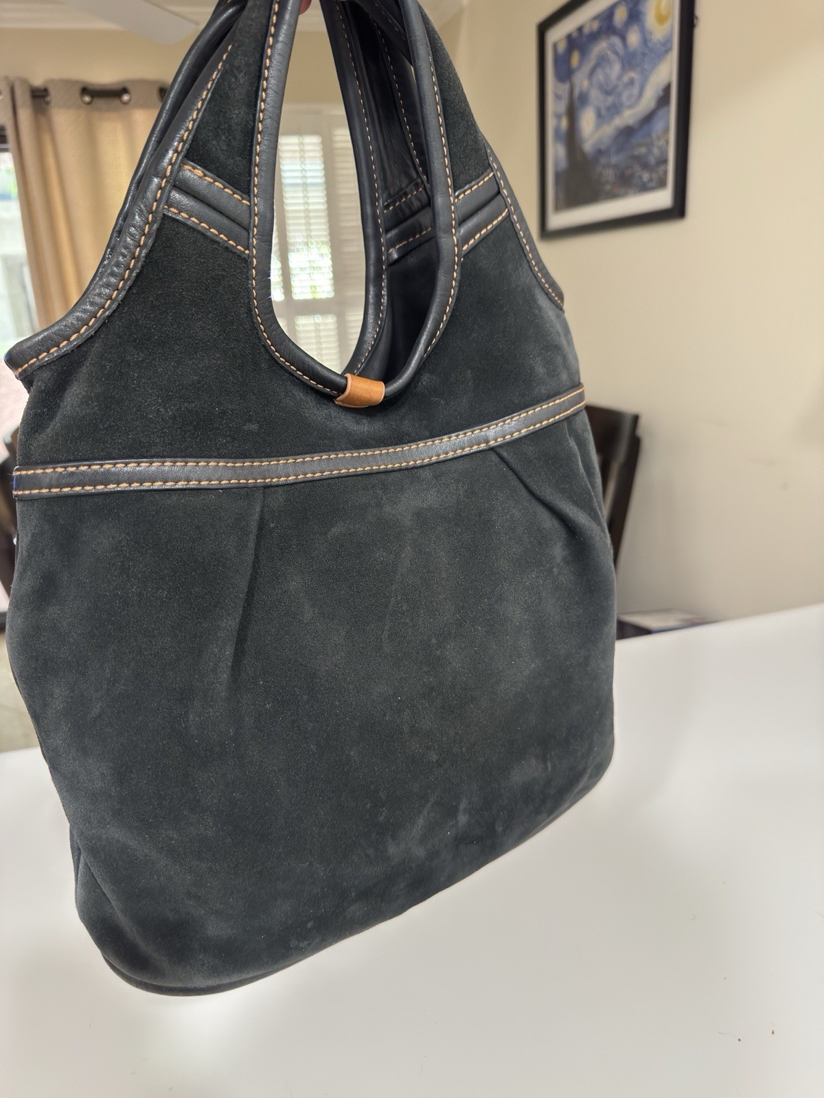 UGG Australia Black Suede Leather Trim Hobo Shoulder Bag Tan Stitching