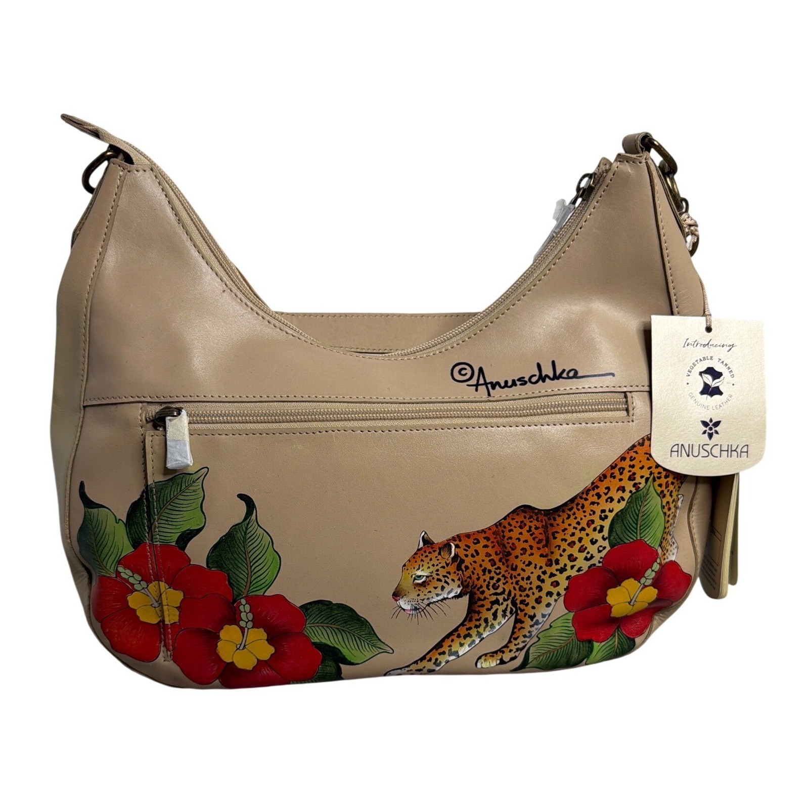 Anuschka Hand Painted Leather Leopard Garden Hobo Bag Beige NWT