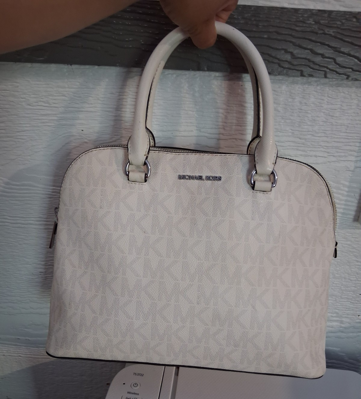 Michael Kors Ivory Logo Satchel Top Handle Zip/Magnetic Snap Silver Hardware