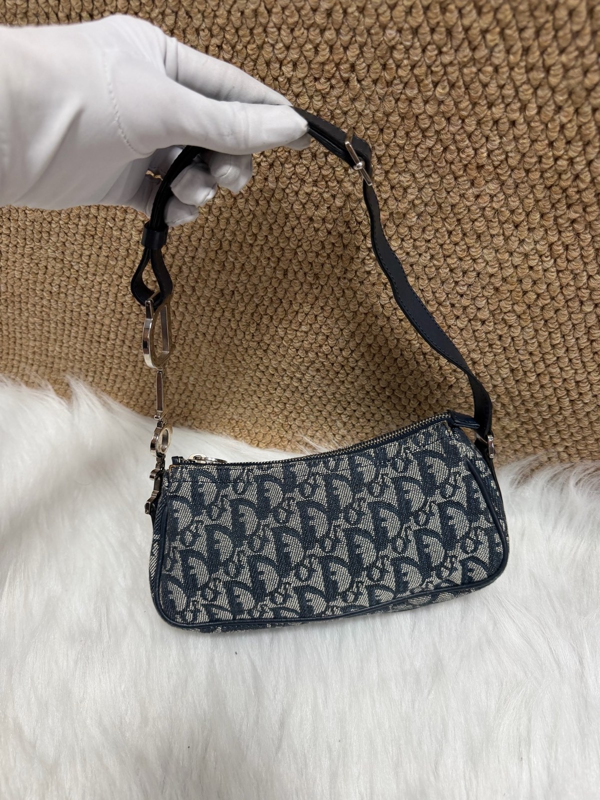 Dior Oblique Trotter Shoulder Bag Normal Size Navy Blue Canvas Duty Paid