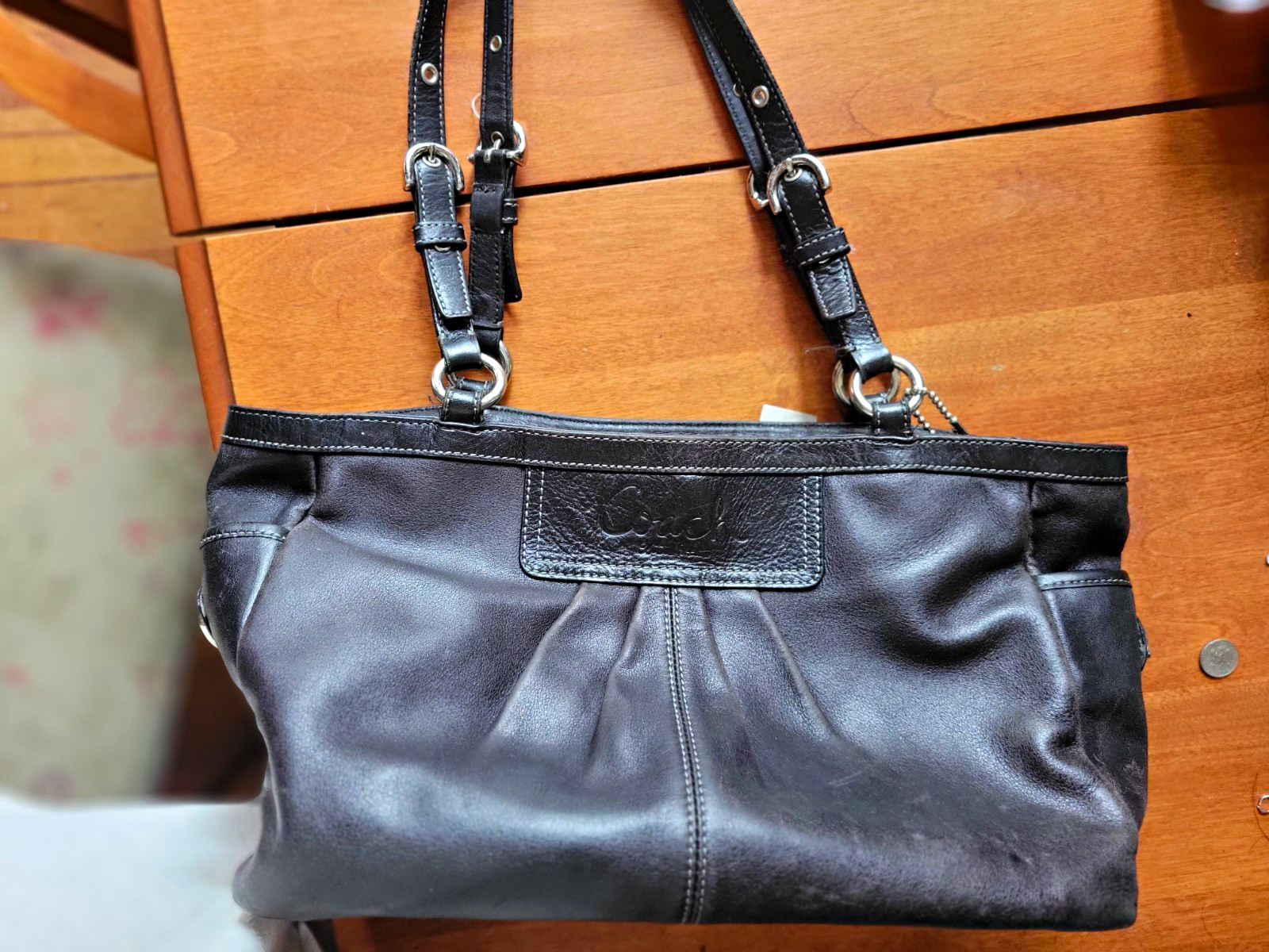 Coach Black Shoulder Bag Silver Hardware Purple Lining Zip Turn Lock Pockets