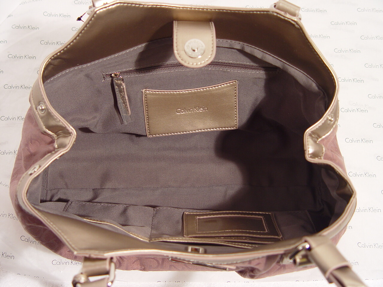 Calvin Klein Logo Jacquard Mauve Pink Metallic Gold Handbag Purse Satchel Bag