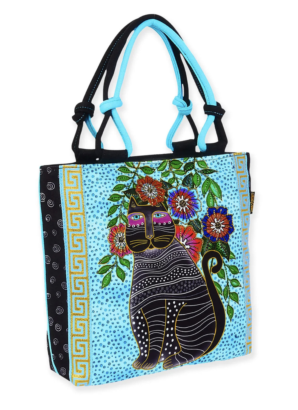 Laurel Burch Kitty Noir Black Cat with Flowers Small Tote, 10″ x 2.75″ x 9.75″