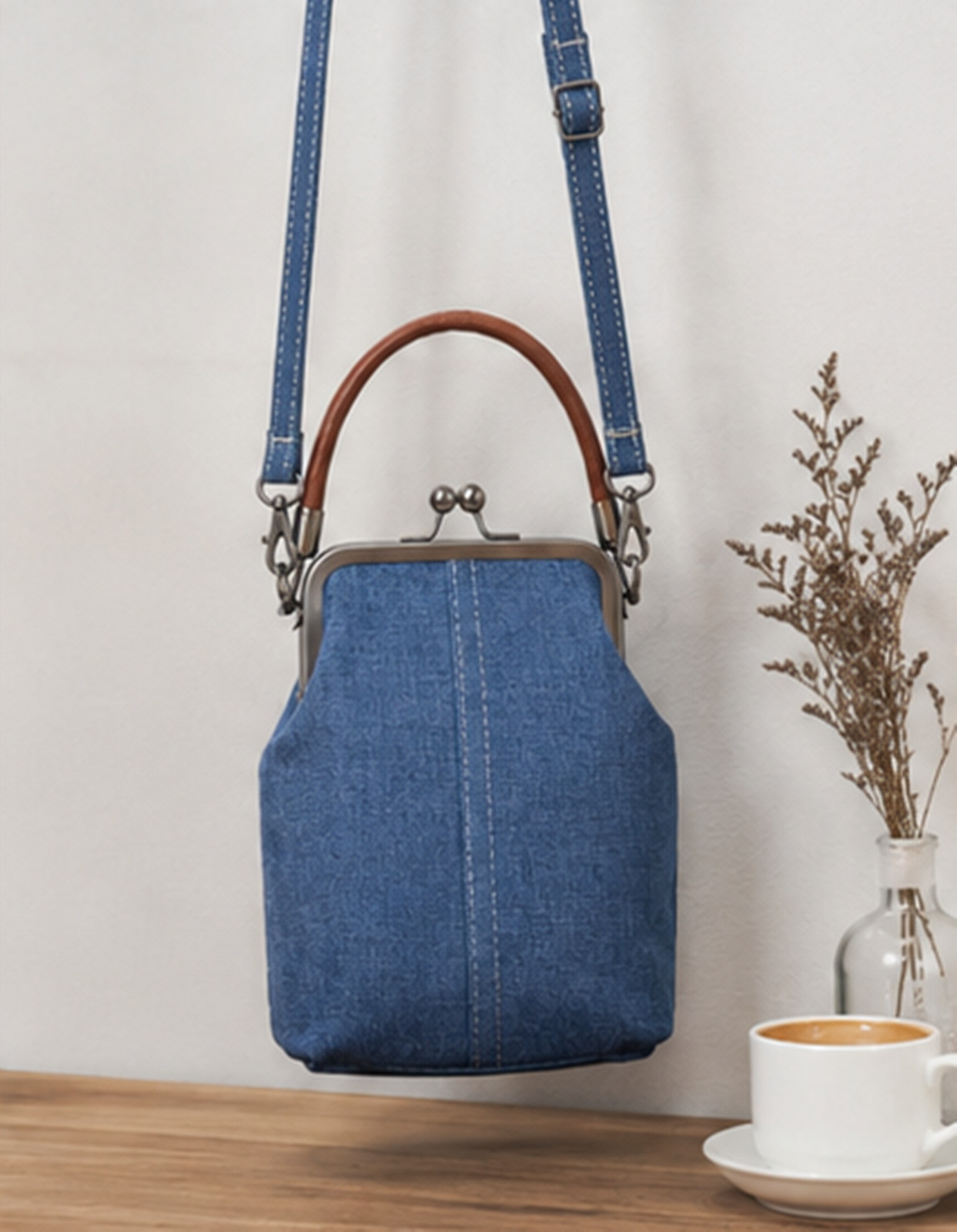 Denim Kiss Lock Crossbody Bag, Handmade Blue Canvas Handbag, Vintage Frame Purse