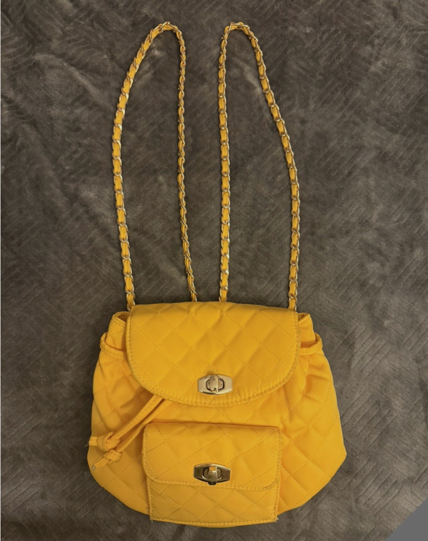 Forever 21 Yellow Quilted Mini Backpack Gold Chain Straps Turn Lock Closure