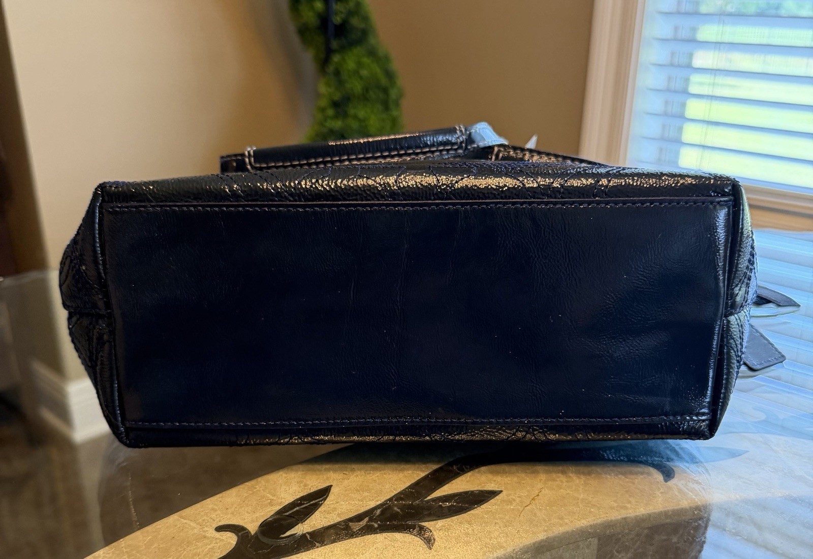 Coach Navy Patent Leather Tote Signature C Embossed Bag New w/ Defects Creasing
