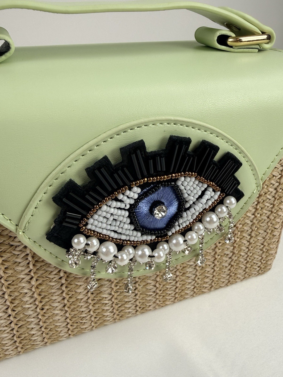 Women’s Evil Eye Woven Straw Texture Rhinestone & Pearl Embellished Crossbody