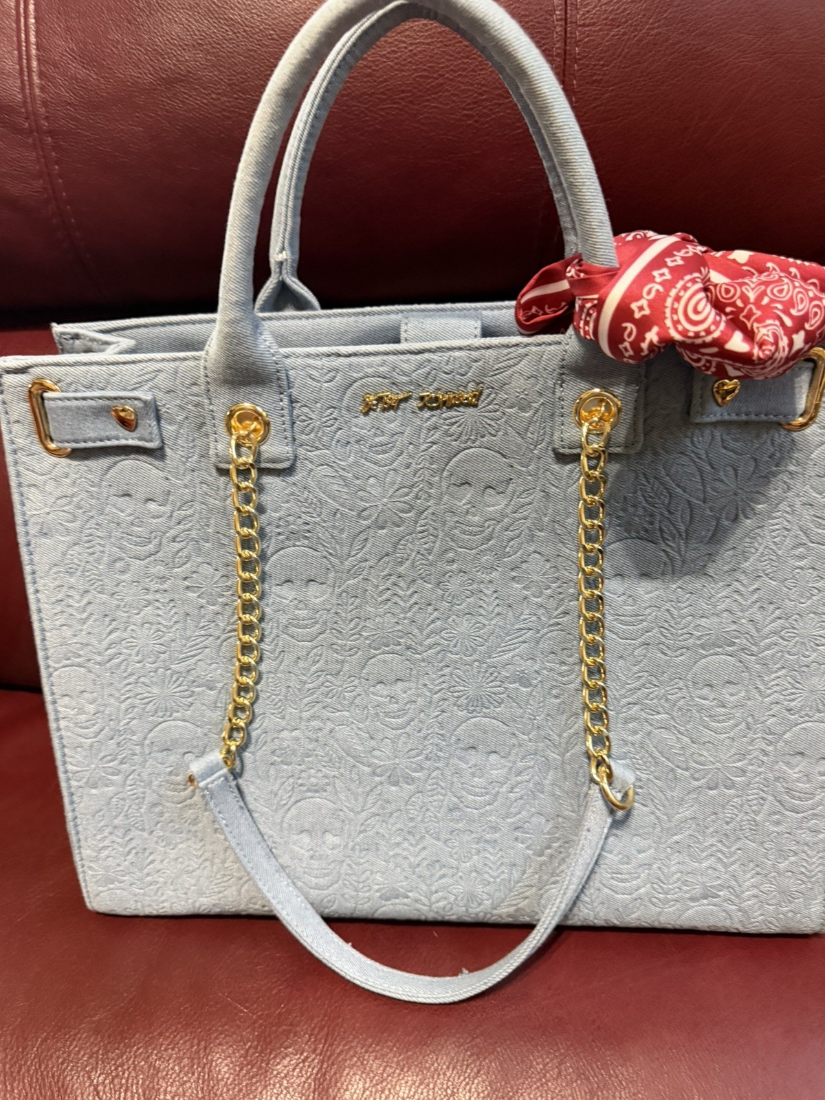 BETSEY JOHNSON LIGHT BLUE LARGE SKULL AND FLOWERS TOTE