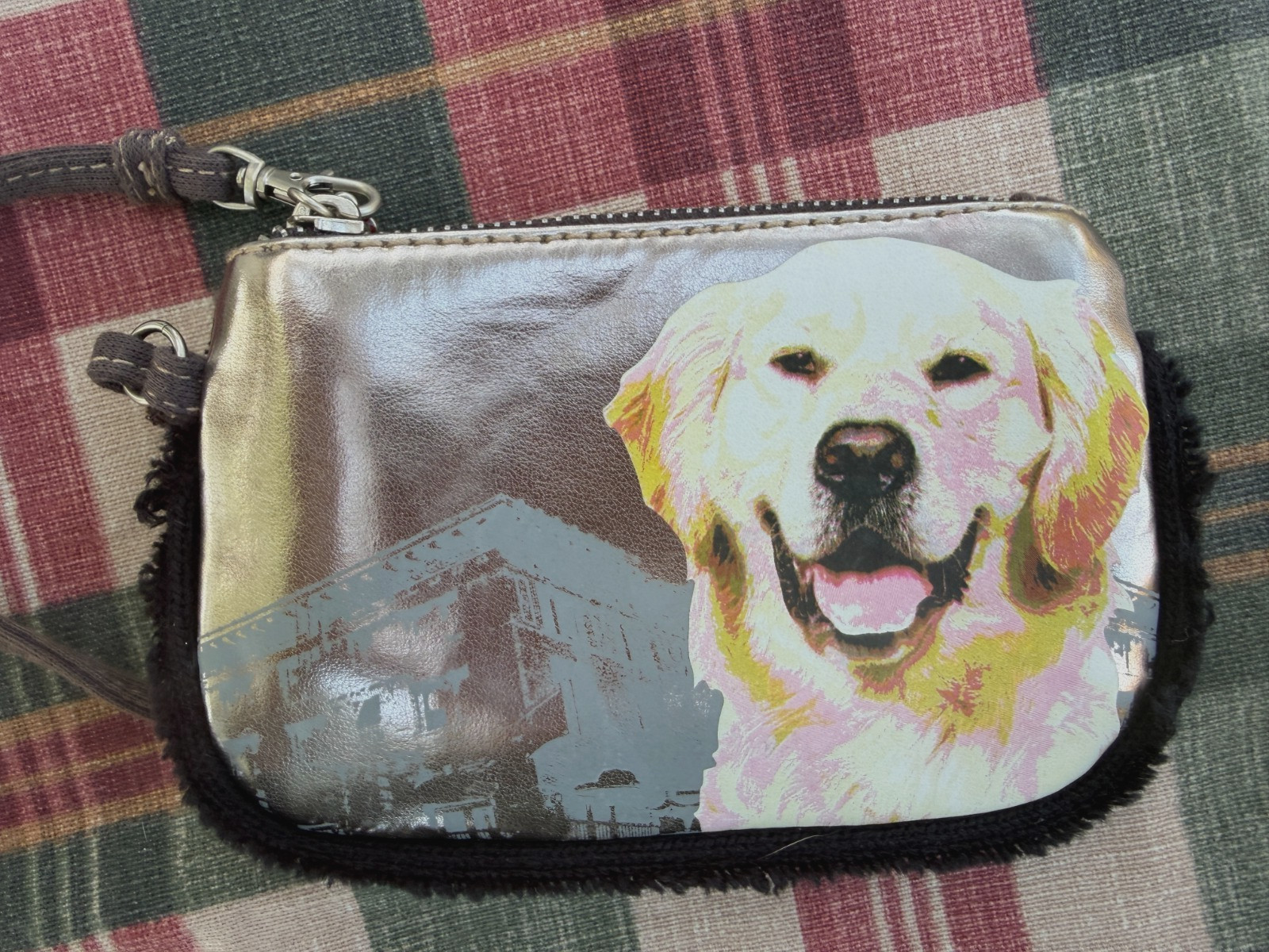 Golden Retreiver Fuzzy Nation Wristlet Rubber Bone Charm Fur Lined HTF Adorable!