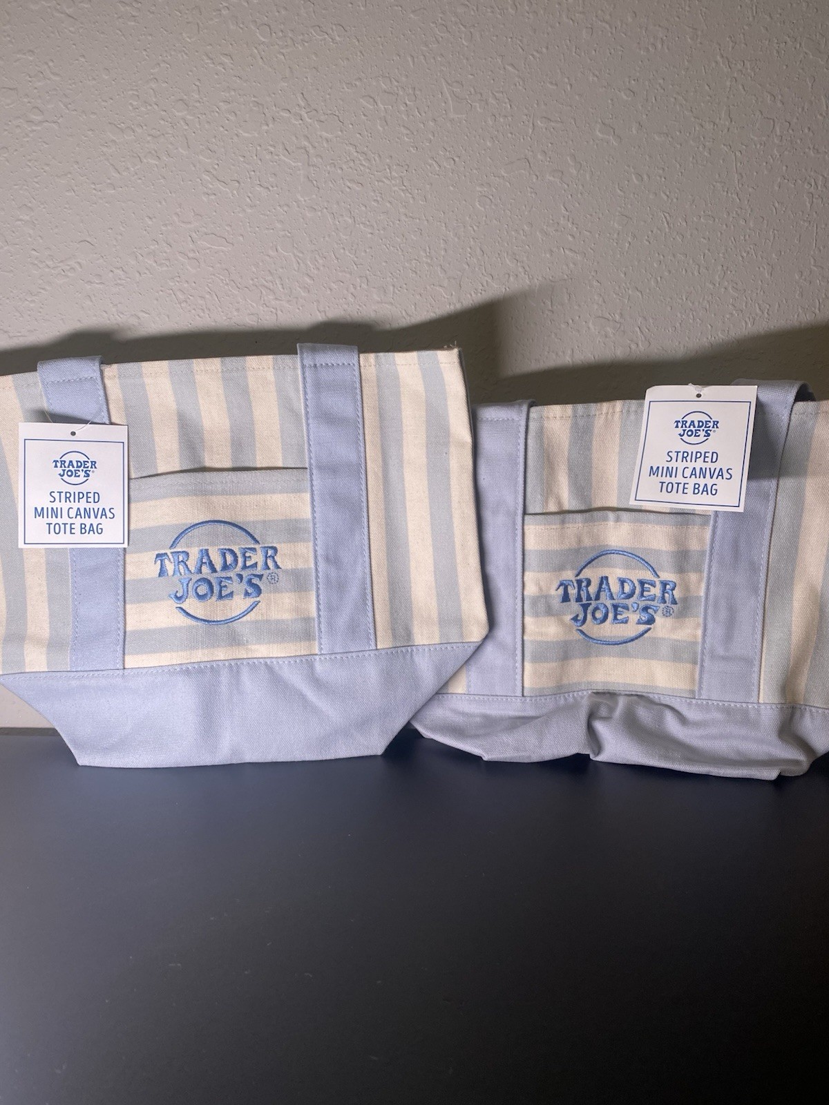 trader joes mini Striped tote bag Set Of TWO- BLUE+BLUE BRAND NEW W/TAGS