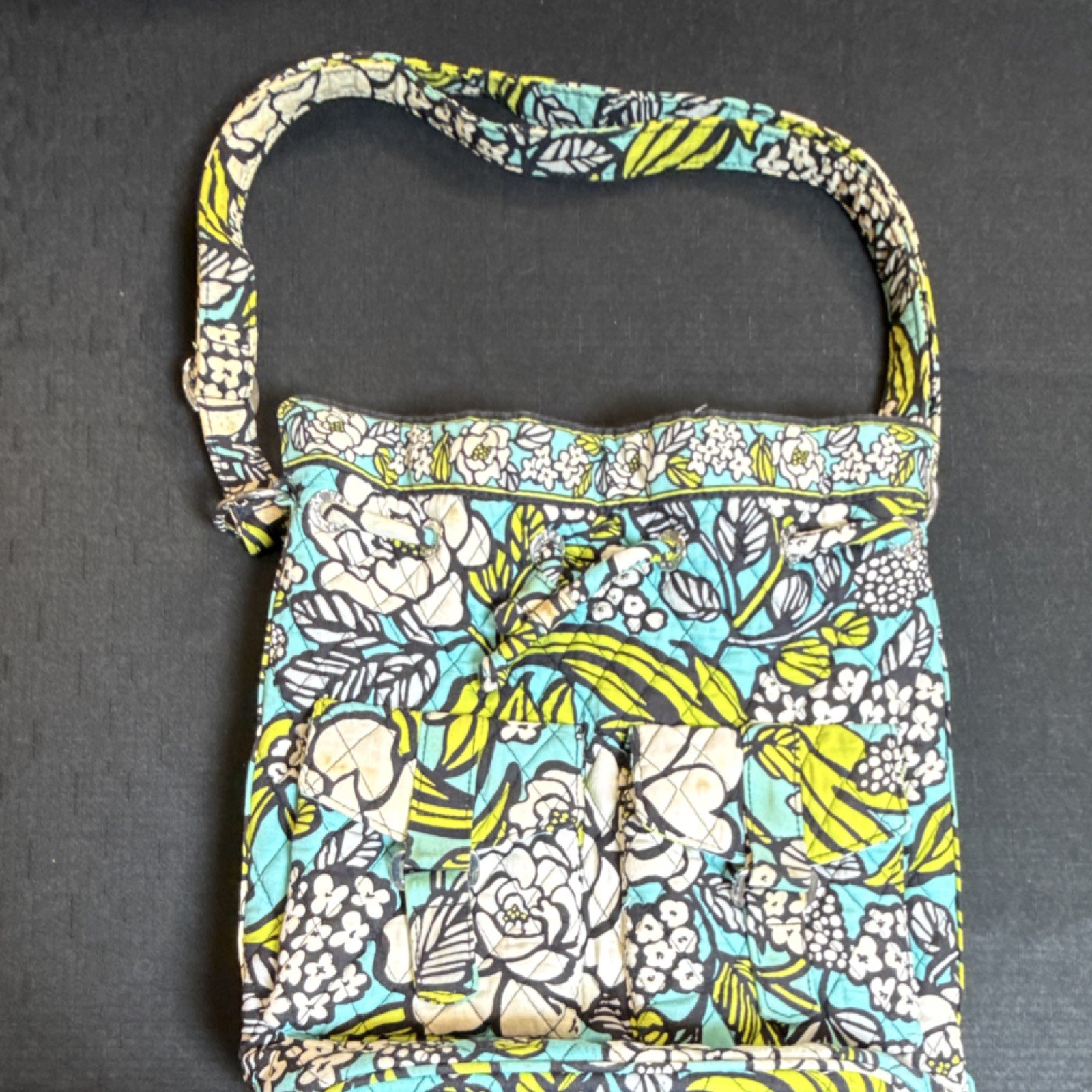 Vera Bradley Quilted Blue Green White Floral Shoulder Bag Buckle Accent Women’s