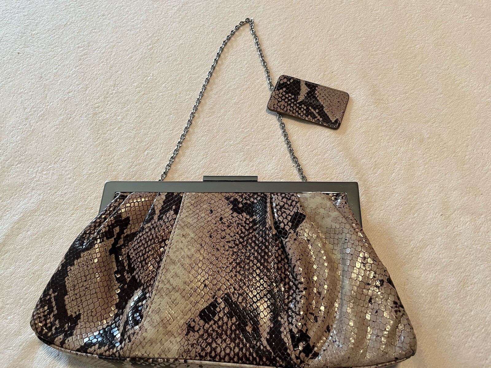CALVIN KLEIN Logo Clutch Metal Chain Purse Multi Color Brown Snakeskin Leather