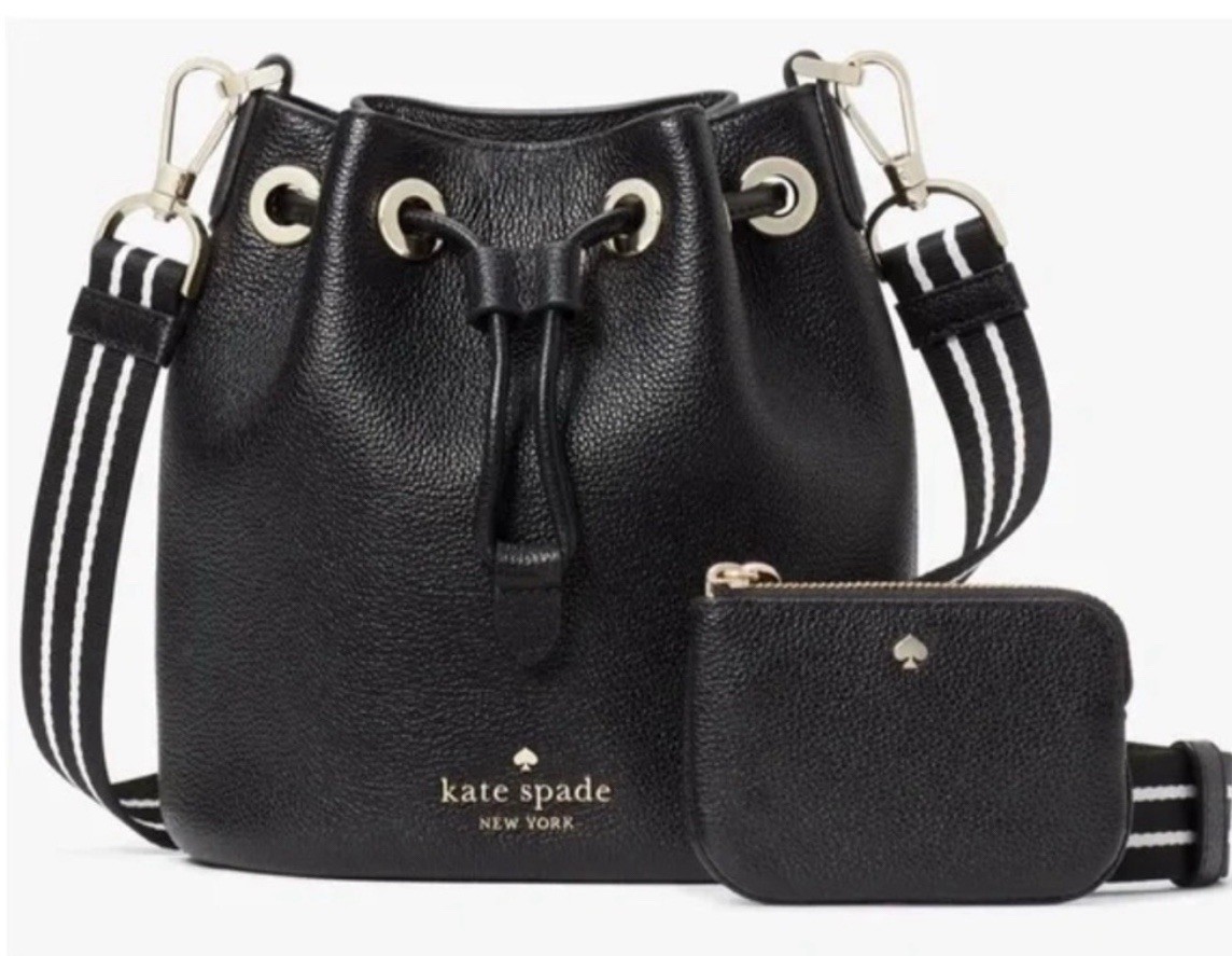 kate spade Women’s Rosie Pebbled Leather Mini Bucket Bag Black Crossbody Bag.