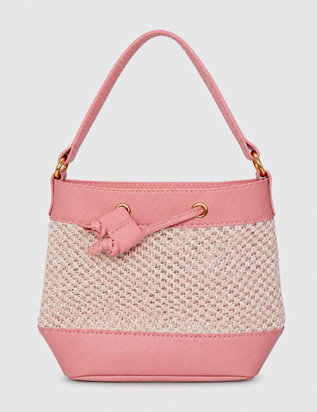 Women’s Pink/Beige Woven Bucket Drawstring Shoulder Bag Gold Hardware Buckle