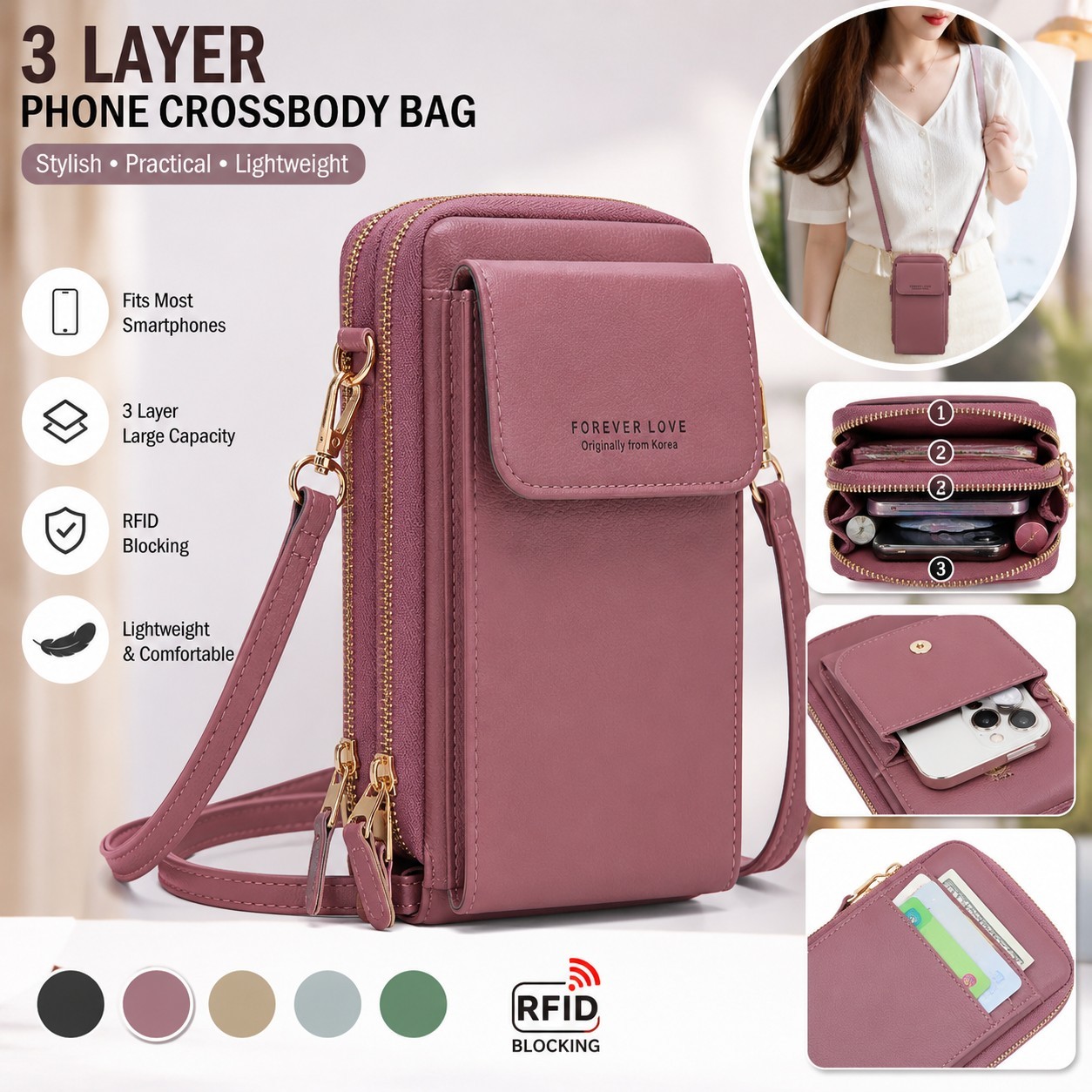 Women’s 3 Layer Phone Crossbody Bag Mini Wallet Shoulder Purse Coin Card Holder
