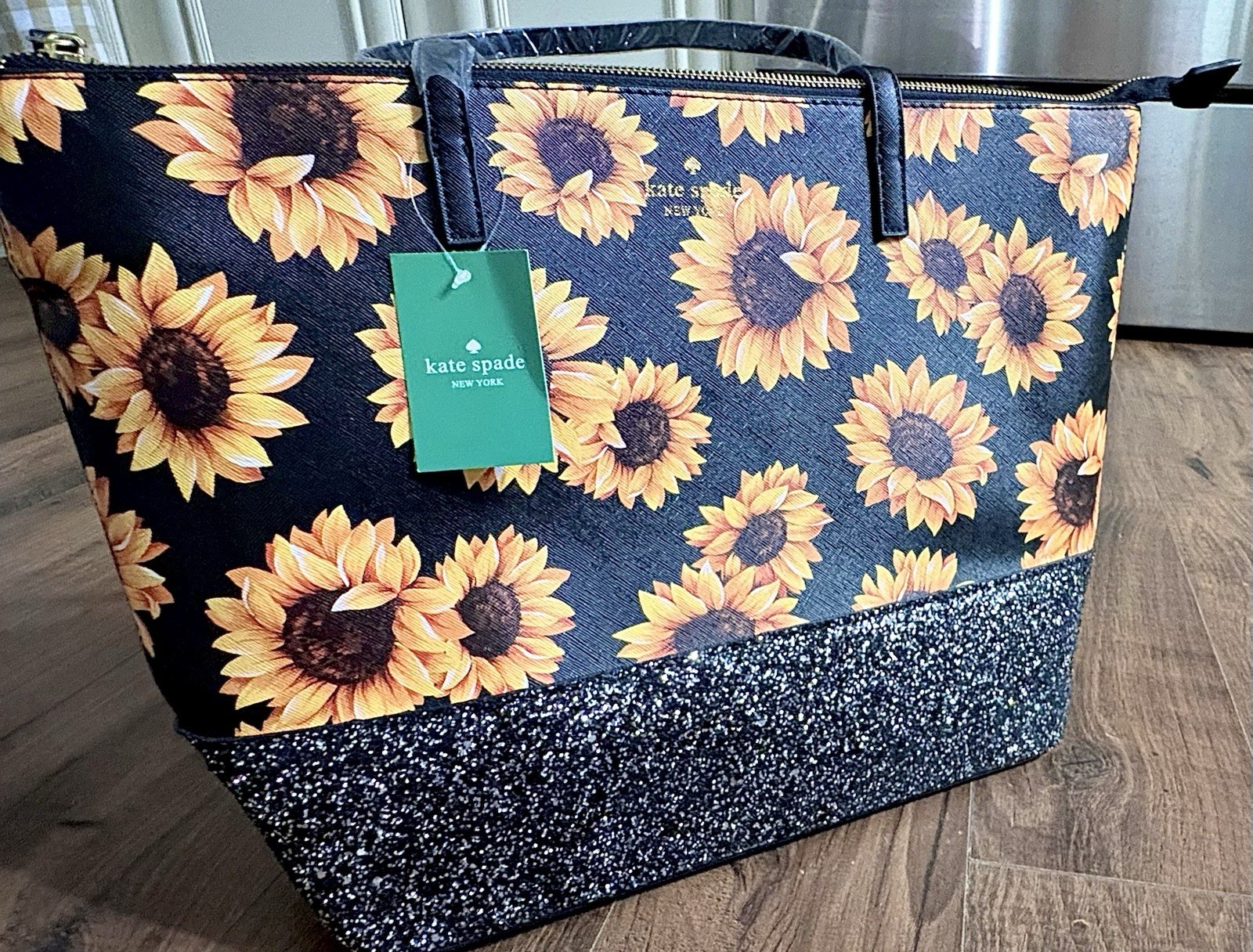 kate spade new york Sunflower Floral Black Glitter Zip Tote w/ Wristlet Set