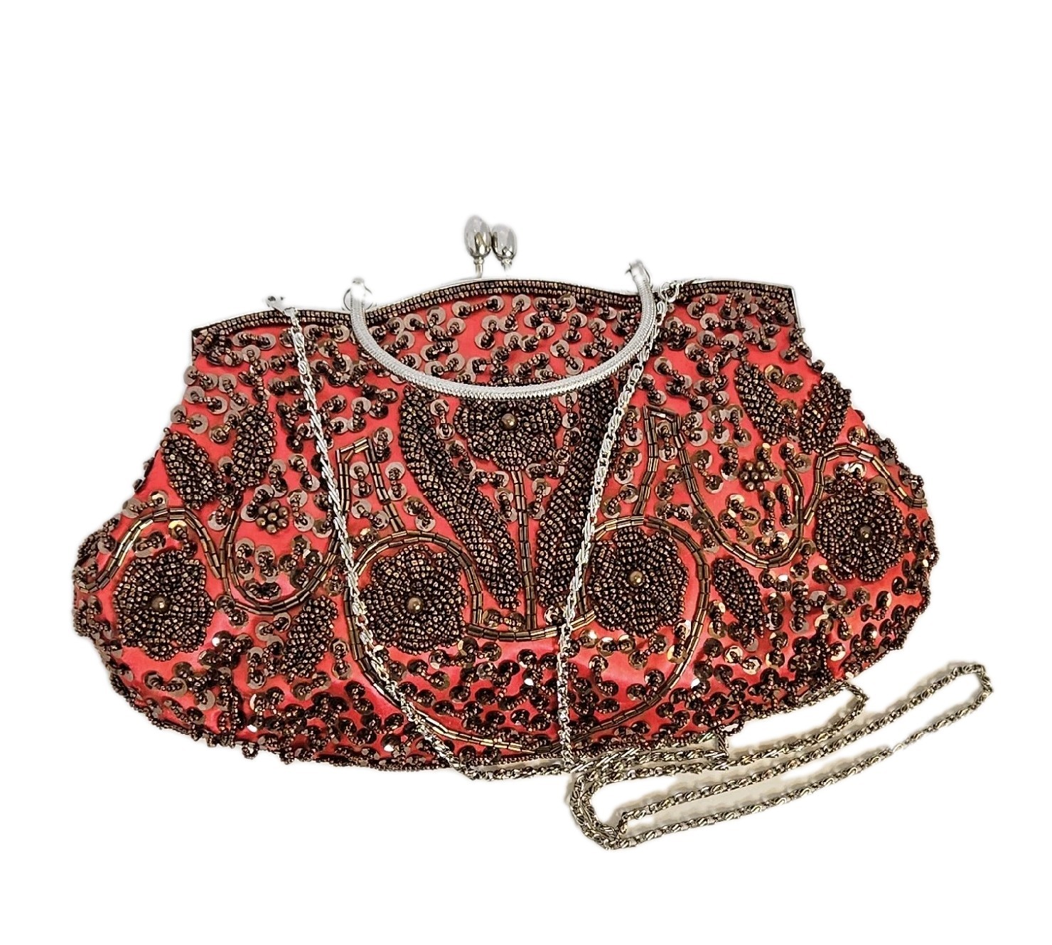 Red Sequin Formal Evening Party Cocktail Floral Purse Top Handle Shoulder New